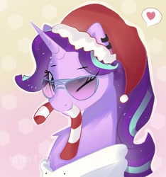 Size: 1101x1178 | Tagged: safe, artist:latia122, character:starlight glimmer, species:pony, species:unicorn, candy, candy cane, chest fluff, christmas, clothing, cute, ear piercing, earring, female, food, glimmerbetes, hat, heart, holiday, jewelry, looking at you, mare, mouth hold, one eye closed, pictogram, piercing, santa hat, solo, sunglasses, wink