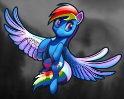 Size: 2500x2000 | Tagged: safe, artist:autello, character:rainbow dash, species:pegasus, species:pony, belly button, blue, cute, dashabetes, female, flying, glow, high res, majestic, mare, rainbow, reflection, solo, spread wings, subsurface scattering, wings