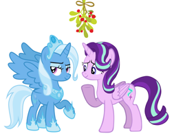 Size: 1604x1272 | Tagged: safe, artist:dashievectors9000, artist:strawberry-pannycake, edit, character:starlight glimmer, character:trixie, species:alicorn, species:pony, ship:startrix, alicornified, christmas, female, holiday, lesbian, mistleholly, race swap, shipping, starlicorn, trixiecorn, xk-class end-of-the-world scenario