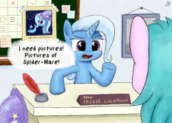 Size: 1280x913 | Tagged: safe, artist:sheeppony, edit, character:trixie, desk, dialogue, guidance counselor, inkwell, j. jonah jameson, meme, quill, speech bubble, spider-man, starlight's office, text