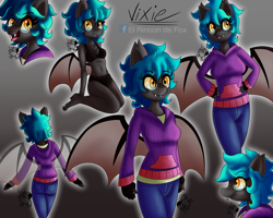 Size: 1250x1000 | Tagged: safe, artist:thedamneddarklyfox, oc, oc:vixen feather, species:anthro, species:bat pony, bat pony oc, bat wings, clothing, fangs, furry, glasses, hoodie, looking at you, open mouth, pants, underwear, wings