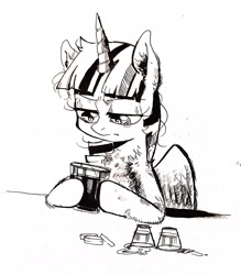 Size: 1626x1858 | Tagged: safe, artist:draw3, character:twilight sparkle, character:twilight sparkle (alicorn), species:alicorn, species:pony, /mlp/, 4chan, alcohol, bits, chest fluff, drawthread, female, glass, monochrome, shot glass, solo
