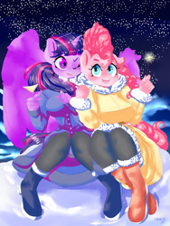 Size: 1800x2400 | Tagged: safe, artist:velcius, character:pinkie pie, character:twilight sparkle, character:twilight sparkle (alicorn), species:alicorn, species:anthro, species:earth pony, species:pony, breasts, champagne, champagne glass, clothing, cozy, one eye closed, snow, sparkler, sparklers, stars