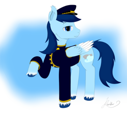 Size: 2000x1800 | Tagged: safe, artist:thekamko, derpibooru original, oc, oc:swift zeppelin, species:pegasus, species:pony, captain hat, clothing, looking at you, male, palindrome get, smiling, solo, stallion, standing, suit, unshorn fetlocks