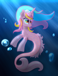 Size: 1600x2100 | Tagged: safe, artist:angiepeggy2114, oc, oc only, oc:evening light, species:pony, species:seapony (g4), species:unicorn, bubble, female, light rays, mare, solo, underwater
