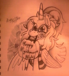 Size: 902x988 | Tagged: safe, artist:angiepeggy2114, oc, species:alicorn, species:pony, alicorn oc, clothing, costume, eye clipping through hair, face paint, female, halloween, halloween costume, holiday, mare, monochrome, mouth hold, pumpkin bucket, solo, traditional art