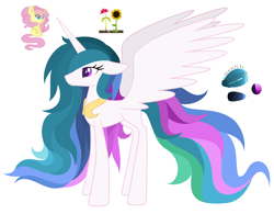 Size: 2644x2060 | Tagged: safe, artist:angiepeggy2114, character:fluttershy, character:princess celestia, species:alicorn, species:pegasus, species:pony, alternate hairstyle, eye clipping through hair, female, flower, mare, sunflower