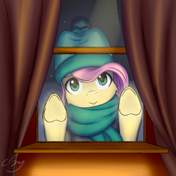 Size: 2158x2157 | Tagged: safe, artist:cluvry, character:fluttershy, species:pony, against glass, cheek fluff, clothing, cute, female, glass, hat, heart, high res, hoof heart, looking at you, scarf, shyabetes, snow, snowfall, solo, underhoof
