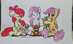 Size: 3641x2205 | Tagged: safe, artist:boyoxhot, character:apple bloom, character:scootaloo, character:sweetie belle, species:earth pony, species:pegasus, species:pony, species:unicorn, builder bear, cutie mark crusaders, doll, female, mare, scp, scp foundation, scp-1047 b, scp-1048, scp-1048 c, this will end in tears, toy, traditional art
