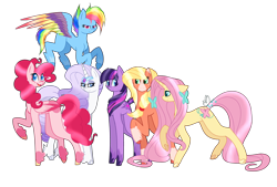 Size: 1024x691 | Tagged: safe, artist:starglaxy, character:applejack, character:fluttershy, character:pinkie pie, character:rainbow dash, character:rarity, character:twilight sparkle, species:earth pony, species:pegasus, species:pony, species:unicorn, g5 leak, leak, accessories, applejack (g5), coat markings, colored wings, earth pony twilight, female, fluttershy (g5), hooves, horn, jewelry, mane six, mane six (g5 leak), mare, multicolored wings, pegasus pinkie pie, pinkie pie (g5), race swap, rainbow dash (g5), rainbow wings, raised hoof, rarity (g5), redesign, simple background, tiara, twilight sparkle (g5), unicorn fluttershy, wings