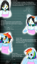 Size: 750x1280 | Tagged: safe, artist:drakky, character:rainbow dash, non-mlp oc, oc, species:anthro, species:pegasus, species:pony, cat, clipboard, clothing, collar, dialogue, eye clipping through hair, female, furry oc, male, mind control, shrug, species swap, swirly eyes, transformation, transgender transformation