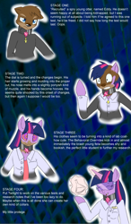 Size: 750x1280 | Tagged: safe, artist:drakky, character:twilight sparkle, non-mlp oc, oc, species:pony, species:unicorn, abstract background, clothing, collar, erlenmeyer flask, eye clipping through hair, female, furry oc, goggles, lab coat, male, mind control, name tag, otter, scared, smiling, species swap, swirly eyes, transformation, transgender transformation