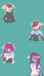 Size: 819x1400 | Tagged: safe, artist:drakky, character:pinkamena diane pie, character:pinkie pie, oc, species:anthro, species:dog, ..., apron, clothing, female, furry oc, hoodie, knife, male, mind control, pictogram, smiling, smirk, swirly eyes, transformation, transgender transformation, wide eyes