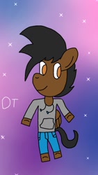 Size: 720x1280 | Tagged: safe, artist:dashing thunder, oc, oc:dashing thunder, species:pegasus, species:pony, amber eyes, clothing, cute, folded wings, galaxy, galaxy background, gradient background, grin, jacket, looking at you, male, ocbetes, pants, pegasus oc, semi-anthro, smiling, smiling at you, solo, sparkles, underhoof, wings