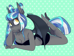 Size: 2801x2141 | Tagged: safe, artist:octogreed, oc, oc:midnight rush, species:anthro, species:bat pony, species:plantigrade anthro, species:pony, anthro oc, bat pony oc, bikini, black swimsuit, breasts, cleavage, clothing, colored pupils, female, mare, midriff, polka dot background, prone, solo, swimsuit
