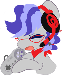 Size: 420x512 | Tagged: safe, artist:fluffire, oc, oc only, oc:cinnabyte, species:earth pony, species:pony, adorkable, bandana, clapping, controller, cute, dork, earth pony oc, excited, gaming headphones, glasses, headphones, headset, icon, smiling, snes controller, telegram sticker