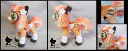 Size: 1280x510 | Tagged: safe, artist:wollyshop, oc, oc only, oc:baby cakes, species:pegasus, species:pony, bell, bow, colored hooves, colored muzzle, commission, female, flower, folded wings, irl, mare, photo, plushie, solo, wings
