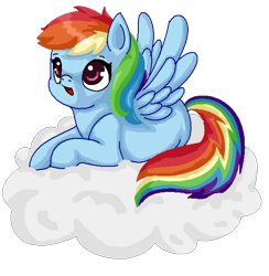 Size: 574x588 | Tagged: safe, artist:twiddledittle, character:rainbow dash, species:pegasus, species:pony, cloud, cute, dashabetes, female, on a cloud, open mouth, pixel art, solo, spread wings, wings