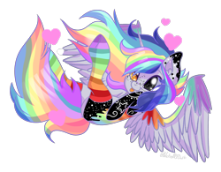 Size: 4084x3187 | Tagged: safe, artist:wicked-red-art, oc, oc only, oc:pastel chole, species:alicorn, species:pony, alicorn oc, blep, clothing, cute, female, freckles, heart, heterochromia, mare, multicolored hair, rainbow hair, rainbow socks, simple background, socks, solo, striped socks, tattoo, tongue out, transparent background, ych result