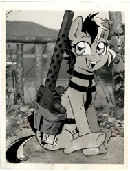 Size: 1352x1789 | Tagged: safe, artist:draw3, oc, species:earth pony, species:pony, /mlp/, 4chan, bag, browning m1919, cute, drawthread, gun, happy, heavy machine gun, looking at you, machine gun, monochrome, ocbetes, photo, ponified, ponified animal photo, saddle bag, sitting, solo, weapon