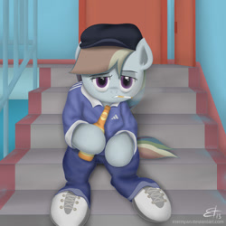 Size: 1000x1000 | Tagged: safe, artist:eternyan, character:rainbow dash, adidas, alcohol, beer, cap, clothing, discorded, female, gopnik, hat, rainbow ditch, russia, slav, solo