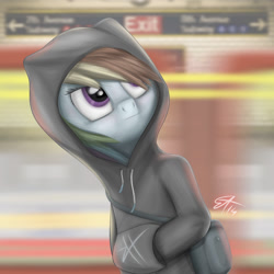 Size: 1500x1500 | Tagged: safe, artist:eternyan, character:rainbow dash, clothing, female, food, hoodie, semi-anthro, solo, subway, underground