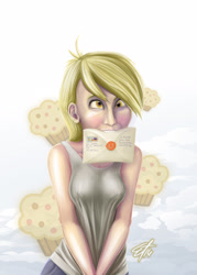 Size: 1642x2296 | Tagged: safe, artist:eternyan, character:derpy hooves, species:human, clothing, creepy, derp, female, food, freckles, humanized, letter, mouth hold, muffin, solo