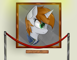 Size: 3200x2500 | Tagged: safe, artist:starmaster, oc, oc only, oc:littlepip, species:pony, species:unicorn, fallout equestria, bust, clothing, fanfic, fanfic art, female, framed picture, horn, mare, portrait, serious, serious face, solo, vault suit