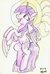 Size: 625x924 | Tagged: safe, artist:stjonal, character:twilight sparkle, character:twilight sparkle (alicorn), species:alicorn, species:pony, ascending, big tail, cute, cutie mark, female, flying, looking up, moon, purple eyes, simple background, smiling, solo, sun, traditional art, white background, wings