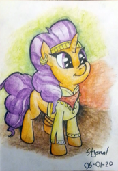 Size: 763x1103 | Tagged: safe, artist:stjonal, character:saffron masala, species:pony, species:unicorn, adorkable, clothing, colorful background, curly hair, curly mane, cute, dork, ear piercing, earring, female, headband, jewelry, mare, orange coat, photo, piercing, purple eyes, saffronbetes, scarf, shirt, simple background, smiling, standing, traditional art, watercolor painting