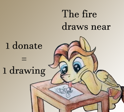 Size: 719x649 | Tagged: safe, artist:stjonal, oc, oc:stjonal, species:pegasus, species:pony, advertisement, artin' for good, australia, donation, drawing, help, mouth drawing, mouth hold, pencil drawing, puffy cheeks, sitting, starry eyes, table, traditional art, watercolor painting, watercolour, wingding eyes, wings