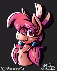 Size: 1280x1600 | Tagged: safe, artist:thedamneddarklyfox, oc, species:earth pony, species:pony, bust, eye clipping through hair, head, looking at you, pigtails, simple background, smiling, smiling at you, solo