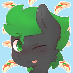 Size: 500x500 | Tagged: safe, artist:sexyflexy, oc, oc only, oc:villainshima, species:pegasus, species:pony, blinking, bust, cute, facial hair, food, goatee, happy, pizza, portrait, solo, tongue out