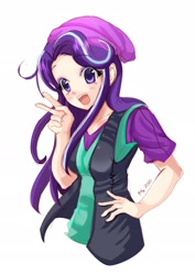 Size: 1600x2264 | Tagged: safe, artist:love2eategg, character:starlight glimmer, species:human, equestria girls:mirror magic, g4, my little pony: equestria girls, my little pony:equestria girls, spoiler:eqg specials, anime, beanie, clothing, cute, female, glimmerbetes, hat, human coloration, open mouth, simple background, solo, vest, white background