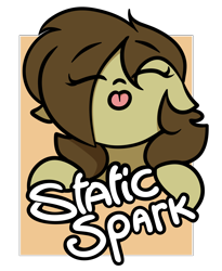 Size: 3000x3666 | Tagged: safe, artist:biepbot, oc, oc only, oc:static spark, species:pony, badge, blep, cute, eyes closed, solo, tongue out