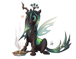 Size: 800x618 | Tagged: safe, artist:lanmana, character:queen chrysalis, species:changeling, changeling queen, cute, cutealis, female, food, pie, solo