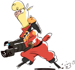 Size: 997x932 | Tagged: useless source url, safe, artist:lindsay towns, community related, character:paprika paca, species:alpaca, them's fightin' herds, bipedal, cloven hooves, female, flamethrower, pyro, simple background, team fortress 2, weapon, white background