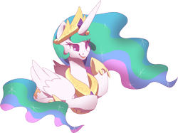 Size: 3812x2855 | Tagged: safe, artist:jennithedragon, character:princess celestia, species:alicorn, species:pony, colored pupils, crown, cute, cutelestia, ethereal mane, female, galaxy mane, high res, hoof shoes, jewelry, mare, peytral, ponyloaf, prone, regalia, simple background, smiling, solo, transparent background
