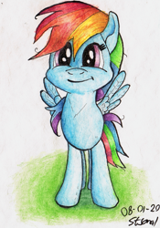 Size: 1211x1728 | Tagged: safe, artist:stjonal, character:rainbow dash, species:pegasus, species:pony, cute, dashabetes, female, simple background, smiley face, solo, traditional art, watercolour, wings