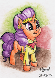 Size: 1218x1715 | Tagged: safe, artist:stjonal, character:saffron masala, species:pony, species:unicorn, adorkable, clothing, colorful background, curly hair, curly mane, cute, dork, ear piercing, earring, female, headband, jewelry, mare, orange coat, piercing, purple eyes, saffronbetes, scarf, shirt, signature, simple background, smiling, standing, traditional art, watercolor painting