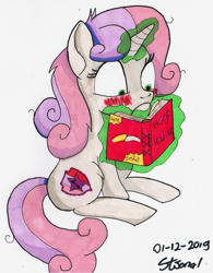Size: 1631x2094 | Tagged: safe, artist:stjonal, character:sweetie belle, species:pony, species:unicorn, blushing, book, estrus, heat, hoof hold, magic, marker drawing, misspelling, sitting, traditional art