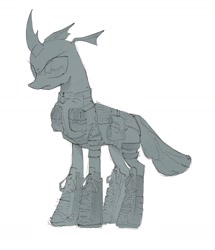 Size: 1259x1462 | Tagged: safe, artist:draw3, species:changeling, /mlp/, 4chan, armor, boots, clothing, combat armor, drawthread, harness, monochrome, pouch, pouches, shoes, solo, tack