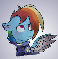 Size: 576x594 | Tagged: safe, artist:honneymoonmlp, character:rainbow dash, species:pegasus, species:pony, sombraverse, alternate timeline, amputee, apocalypse dash, artificial wings, augmented, crystal war timeline, female, mare, prosthetic limb, prosthetic wing, prosthetics, solo, torn ear, wings