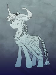 Size: 1668x2224 | Tagged: safe, artist:draw3, character:twilight sparkle, character:twilight sparkle (alicorn), species:alicorn, species:pony, /mlp/, 4chan, braid, braided pigtails, braided tail, drawthread, female, gradient background, horns, monochrome, solo