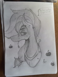 Size: 2448x3264 | Tagged: safe, artist:awesomedude14, character:applejack, species:earth pony, species:pony, female, monochrome, solo, text bubbles, traditional art