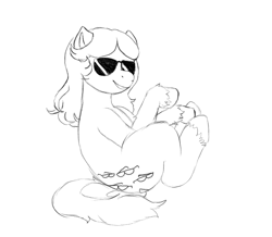 Size: 1089x951 | Tagged: safe, artist:anonymous, artist:happyartfag, character:shady, species:earth pony, species:pony, /mlp/, 4chan, curled up, drawthread, monochrome, smiling, solo, sunglasses