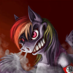 Size: 2000x2000 | Tagged: safe, artist:baccizoof, character:rainbow dash, species:pegasus, species:pony, armband, bust, collarbone, creepy, creepy grin, female, grin, gritted teeth, implied lesbian, smiling, snorting, solo, visible breath