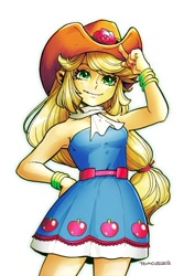 Size: 560x840 | Tagged: safe, artist:babtyu, character:applejack, my little pony:equestria girls, armpits, bare shoulders, bracelet, clothing, cowboy hat, fall formal outfits, female, hat, jewelry, scarf, sleeveless, solo, strapless