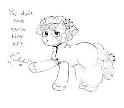 Size: 1089x951 | Tagged: safe, artist:anonymous, artist:happyartfag, character:cozy glow, species:pony, species:unicorn, /mlp/, 4chan, chinese dress, confetti, cozybetes, cute, drawthread, female, looking at you, monochrome, solo, text, threat