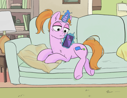 Size: 1951x1495 | Tagged: safe, artist:draw3, species:pony, species:unicorn, /mlp/, 4chan, book, bookshelf, couch, crossover, drawthread, glowing horn, horn, lamp, magic, phone, ponified, rick and morty, solo, summer smith, telekinesis
